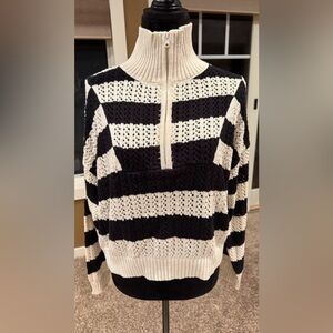 NWT A New Day Women' Quarter Zip Mock Neck Pullover Sweater Black/White Stripes